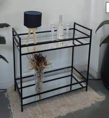 Mini Bar Industrial Hierro Negro Dos Estantes De Espejo F012 1
