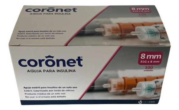 100 Aguja Insulina Ultra Fina Coronet P/ Lapicera 31 G X 8mm 0 100 Aguja Insulina Ultra Fina Coronet P/ Lapicera 31 G X 8mm 0