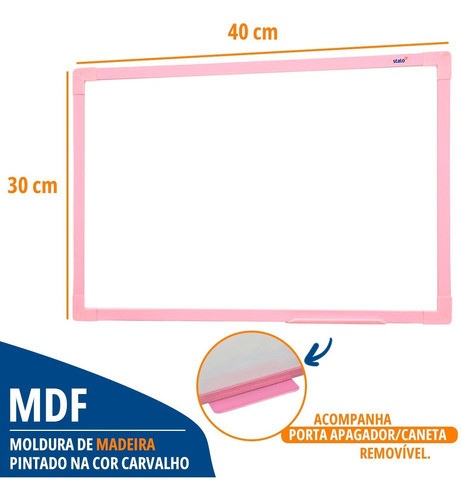 Lousa Quadro Branco 40x30cm Moldura Soft Colors Rosa 1