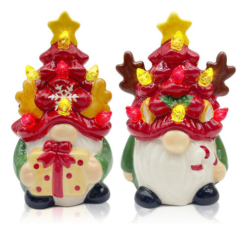 Gnomo Decoración Navideño Cerámico Luces Led Pack X 2 Piezas 0