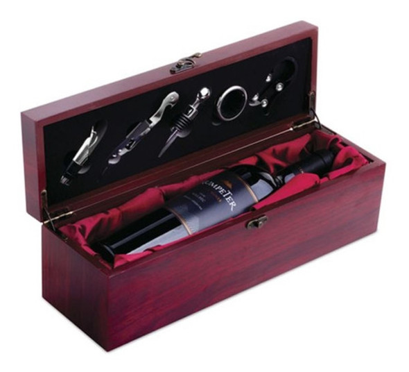 Set De Vino X 5 Piezas Caja De Madera Forrada Porta Botella 0