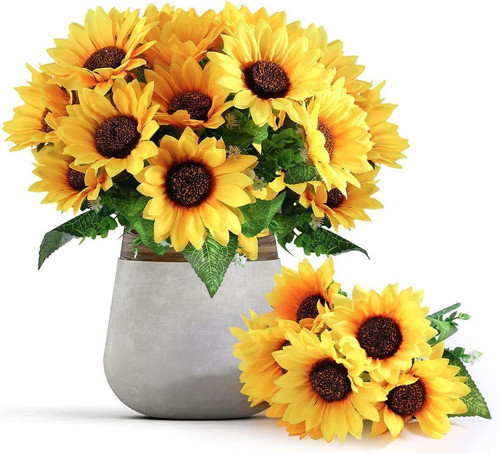 4 Racimos De Girasoles Artificiales Con Tallo 32cm 0