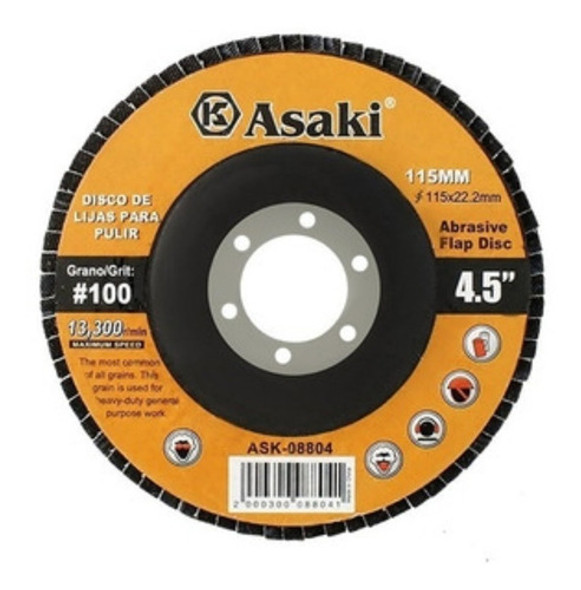 Disco Flap Asaki 115mm Grano 100, Para Amoladora - 3 Unidade 0