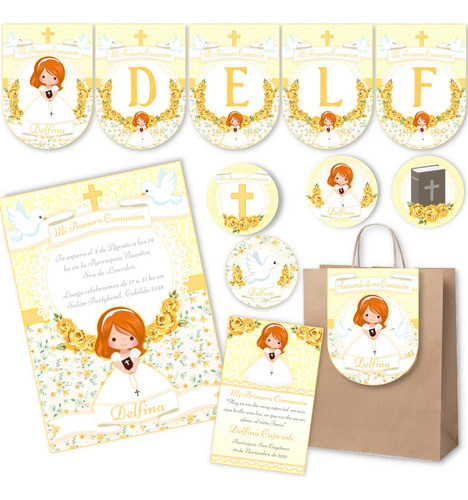 Kit Imprimible Comunión Nena Amarillo 100% Editable Candy 0