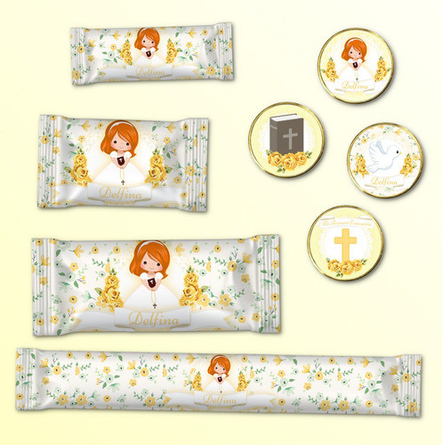 Kit Imprimible Comunión Nena Amarillo 100% Editable Candy 1
