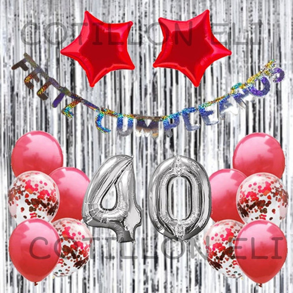 Combo Cumple Rojo Plata Cortina Globos Confeti Feliz Cumple 0