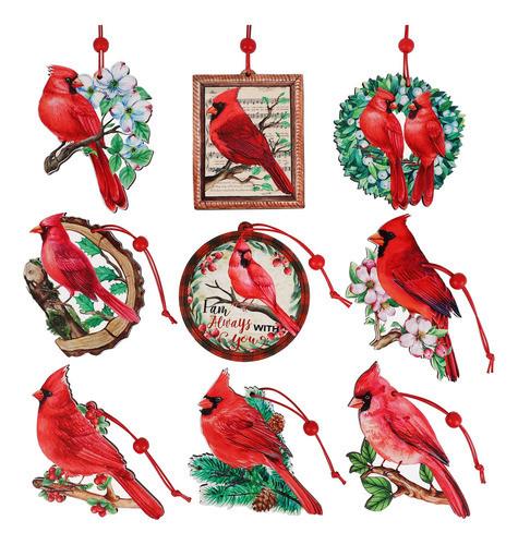 9 Piezas De Cardenal Rojo Adornos De Navidad De Madera Para 0