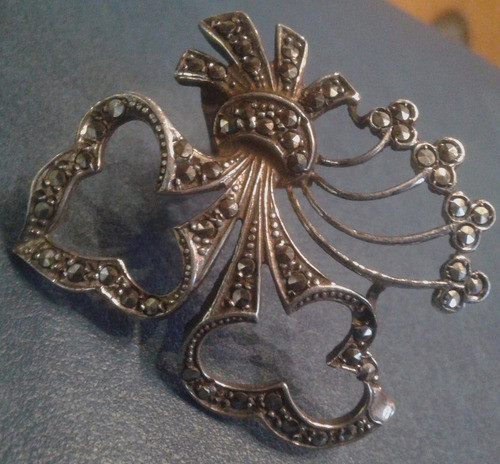 Antiguo Art Nouveau Prendedor Broche Plata Cuñ 900 Marcasita 0