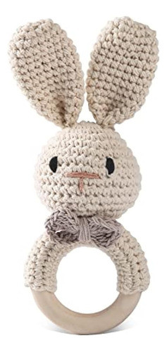 Sonajero De Madera Para Bebé, Conejito De Ganchillo, Anillo 0
