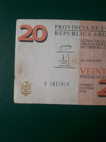 Billete Bono Cordoba Lecop $20 2003 Serie D 1 Billete Bono Cordoba Lecop $20 2003 Serie D 1