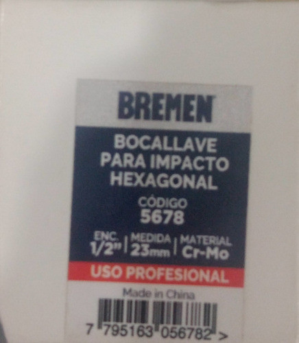 Llave Tubo Alto Impacto Hex 23mm Enc 1/2 PuLG Bremen 5678 1