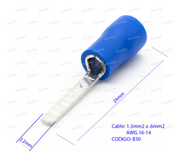 100 Terminales Preaislados Pin Plano Azul B30 1.3-2.6mm2 1