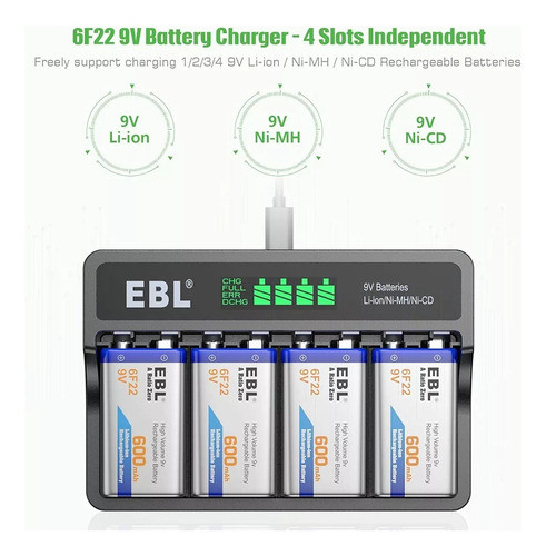 Combo Cargador Baterias 9v + 4 Baterias 600mah Ebl Smart Usb 1