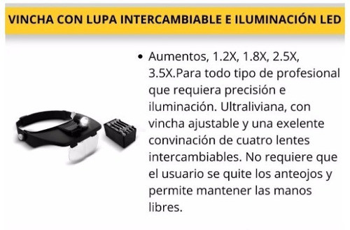 Vincha Lupa Intercambiable E Iluminacion Led 1,2 1,8 2,5 3,5 1
