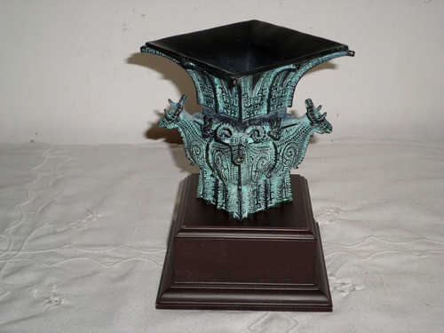 Antiguo Adorno Bronce Chinese Vessel Con Patina Oxido Verde 1