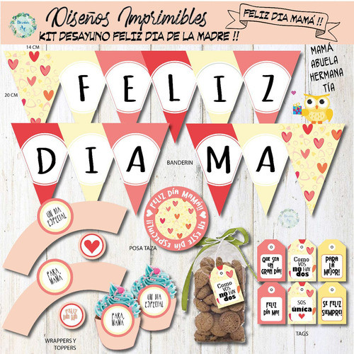 Kit Imprimible Día De La Madre Desayuno/merienda Corazones 1