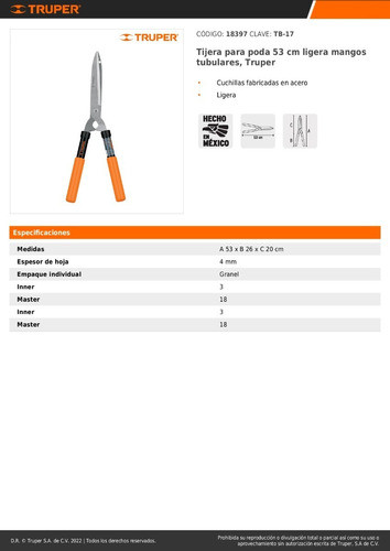 Tijera De Podar Corta Cerco Liviana Truper 17'' 18397 1