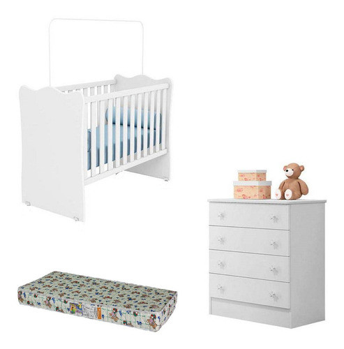 Quarto De Bebê Completo Berço Cômoda Colchão - Branco Qmovi 0