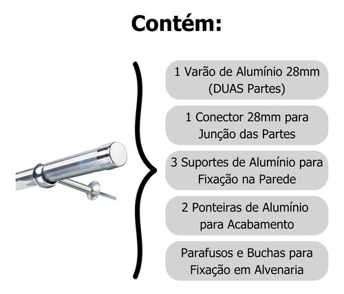 Kit Varão Simples Cortina 28mm 2,2m Alumínio Várias Cores 1