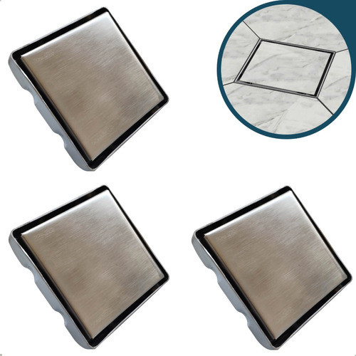3 Ralo Quadrado 12x12 Inox Invisível Oculto Antiodor Kit 3un 0
