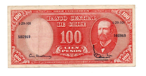 Chile Billete 100 Pesos Resellado 10 Centesimos 1960-1 P#127 0