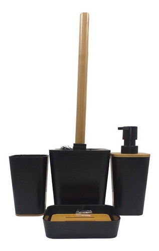 Set Baño Accesorios Negro Y Bambu Power 1