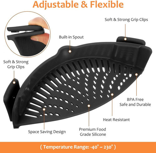 Colador Clip-on Para Sartenes Y Tazones, Silicona, Negro 1