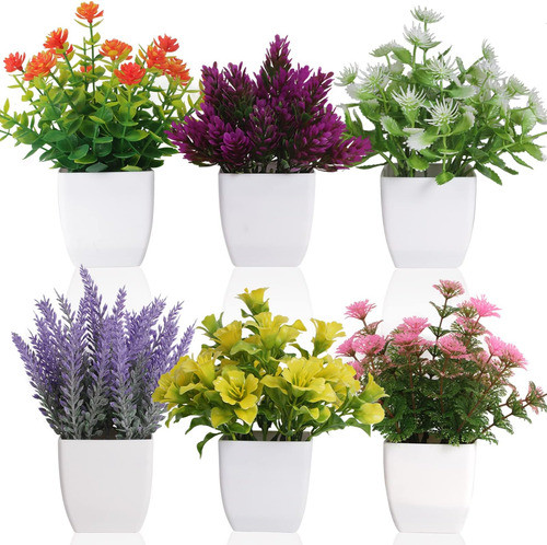 6 Uds. Flores Artificiales Maceta, Pequeñas Plantas Falsas Y 0