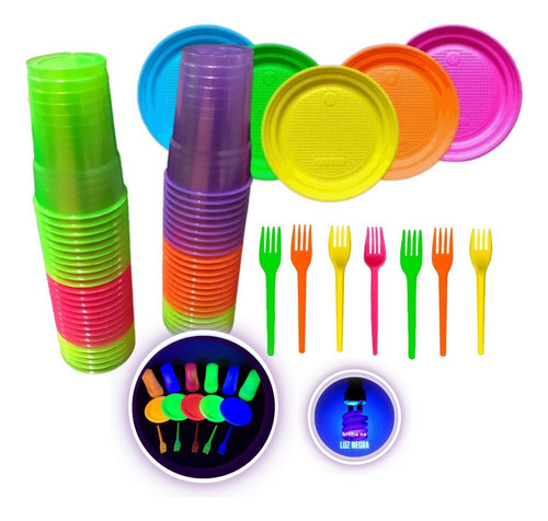 50 Copos Neon + 50 Pratinhos + 50 Garfinhos Festa Neon 0