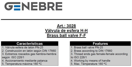 Válvula Esférica Genebre Latón Ø1 1/4 Art. 3028 1