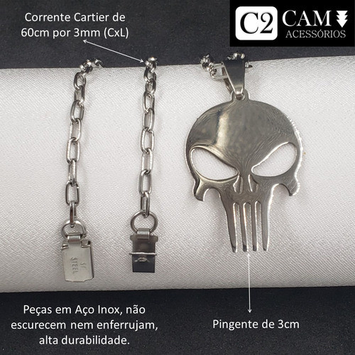 Colar Corrente 60cm Pingente Caveira Justiceiro Aço Inox 1