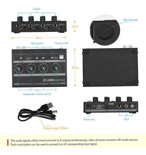 Amplificador De Fone De Ouvido Estéreo Compacto Amp-14 4 Can 1