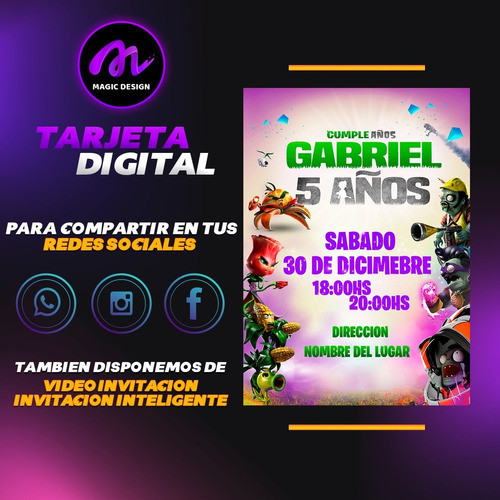 Tarjeta Invitación Cumpleaños Plantas Vs Zombies- Digital 1