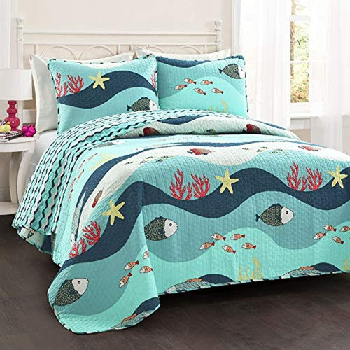 Lush Decor Sealife 3piece Quilt Set Fullqueen Blue 0
