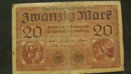 Antiguo Billete Alemania 20 Marcos 1918 Serie 4.14 1
