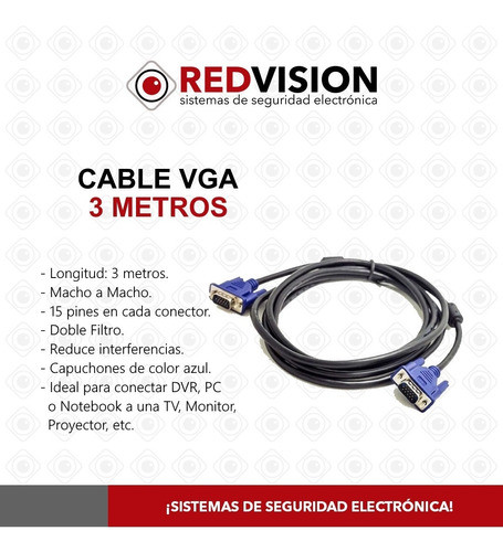 Cable Vga 3mts Metros Macho Filtro Pc Monitor Proyector 1