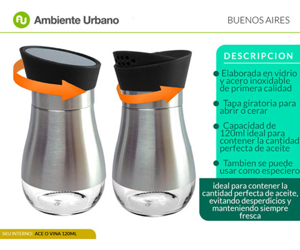 Aceitera Vinagrera De Vidrio Y Acero Inoxidable De 120ml 1