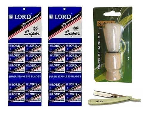 Kit De Barbear 100 Lâminas Lord + 1 Navalhete +1 Pincel 0