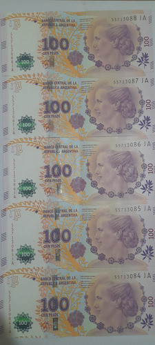 Lote 5 Billetes Consecutivos De $ 100. Serie  Ja 0
