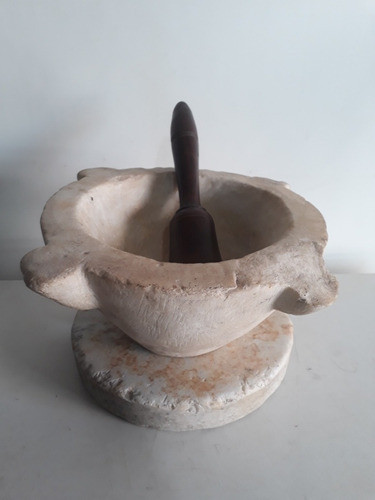 Antiguo Mortero De Marmol Piedra Con Base Y Pilon De Madera 1