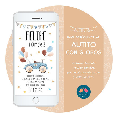 Invitación Digital Imagen - Autito Con Globos (modelo 2) 0