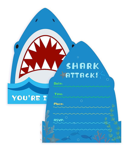 25 Pack Shark Birthday Party Invitations With Envelopes-doub 1