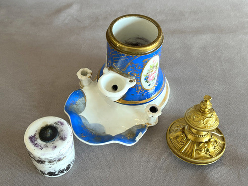 Antiguo Tintero Francés Del Siglo Xix En Porcelana Y Bronce 1