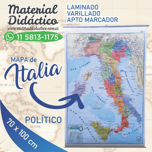 Mapa De Italia Mural (político) Laminado 65x95cm 1
