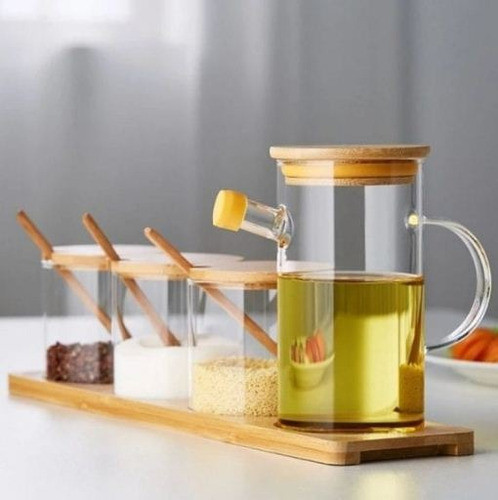 Aceitera Y Especieros De Vidrio Con Accesorios De Madera 1