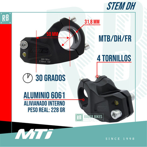 Stem Bicicleta Mti Dh Dirt 50 Mm Aluminio 31,8mm - Racer 1