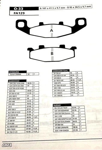 Pastilla Freno Kawasaki Gpz 400r D4 Mod88 Trasera Ora Ourway 0