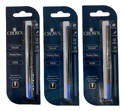Kit Carga Refil Roller Caneta Crown Azul 22007ka 3 Unidades 0