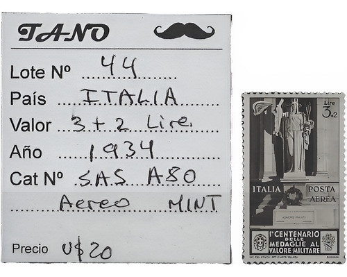 Lote44 Italia 2+3 Lire Año 1934 Aereo Sassone#a80 Mint 0