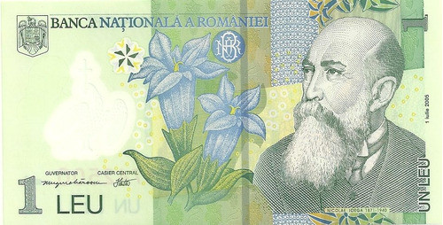 Billete Rumania 1 Lei Plastico Año 2005 Sin Circular Flores 0